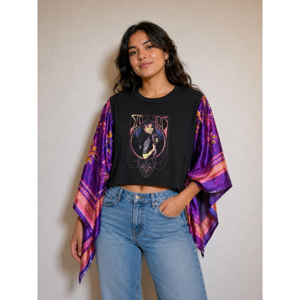Upcycled Stevie Nicks Graphic Crop Top Purple Satin Kimono Sleeve Rock Band Tee